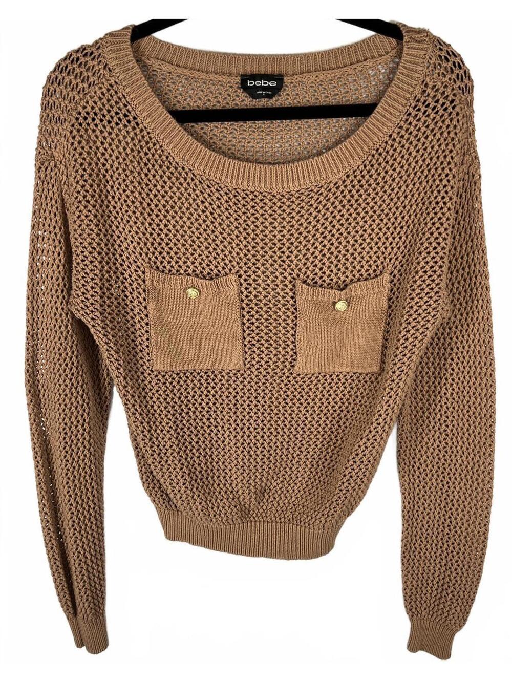 Bebe Textured Open Knit Cardigan BohoChic Coastal Pockets Y2K Glam Size S